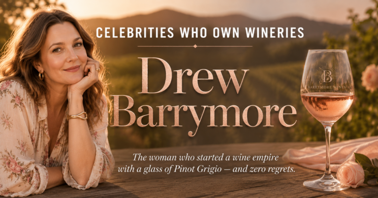 Drew Barrymore holding a glass of rosé representing her Barrymore Wines celebrity winery