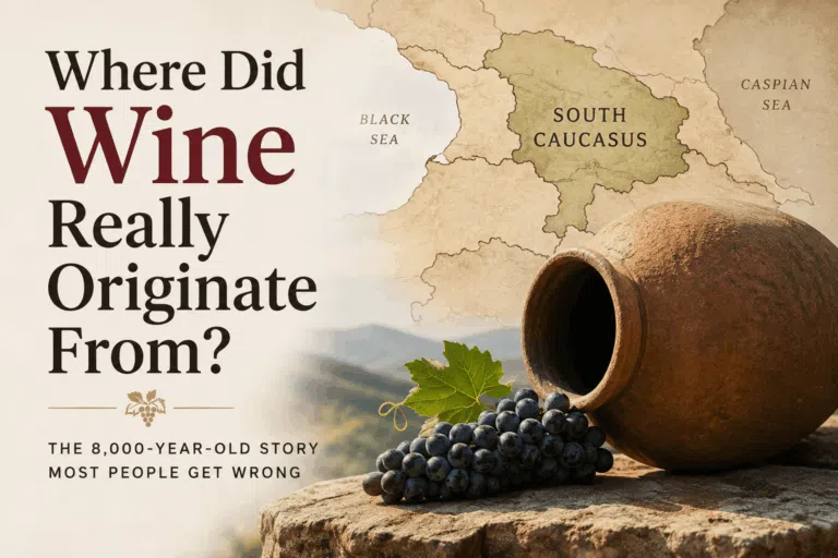 Where wine really originated from with an ancient clay wine jar, grapes and a map of the South Caucasus