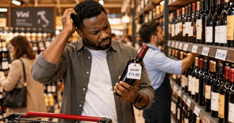 Confused shopper in a wine aisle looking at a bottle that increased in price from €8 to €11.99